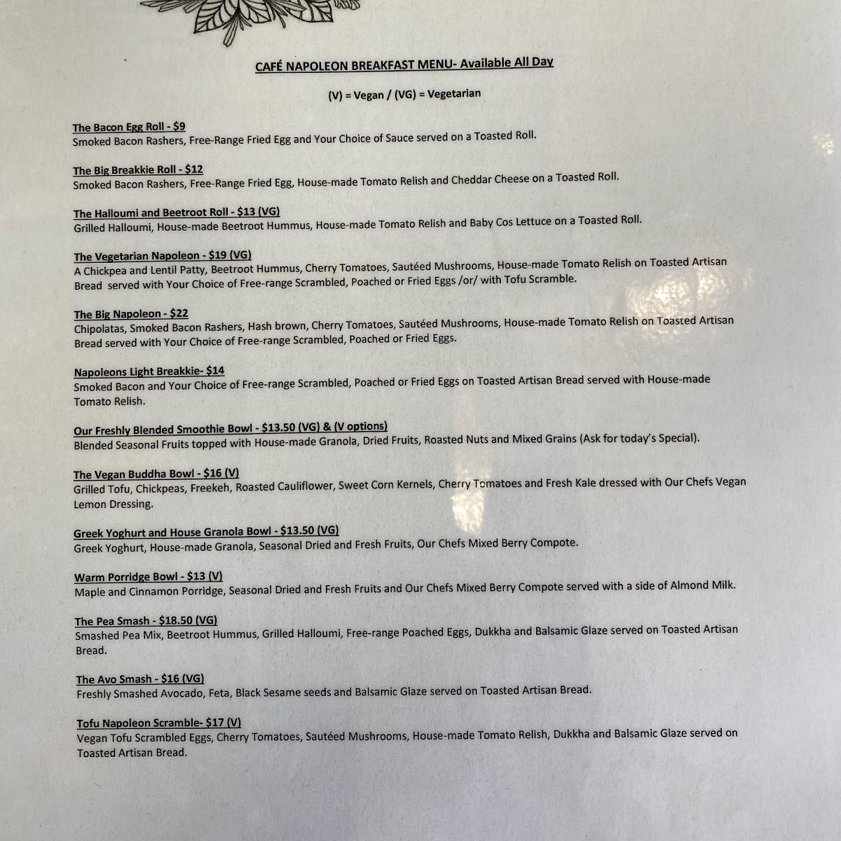 Cafe Napoleon menu board