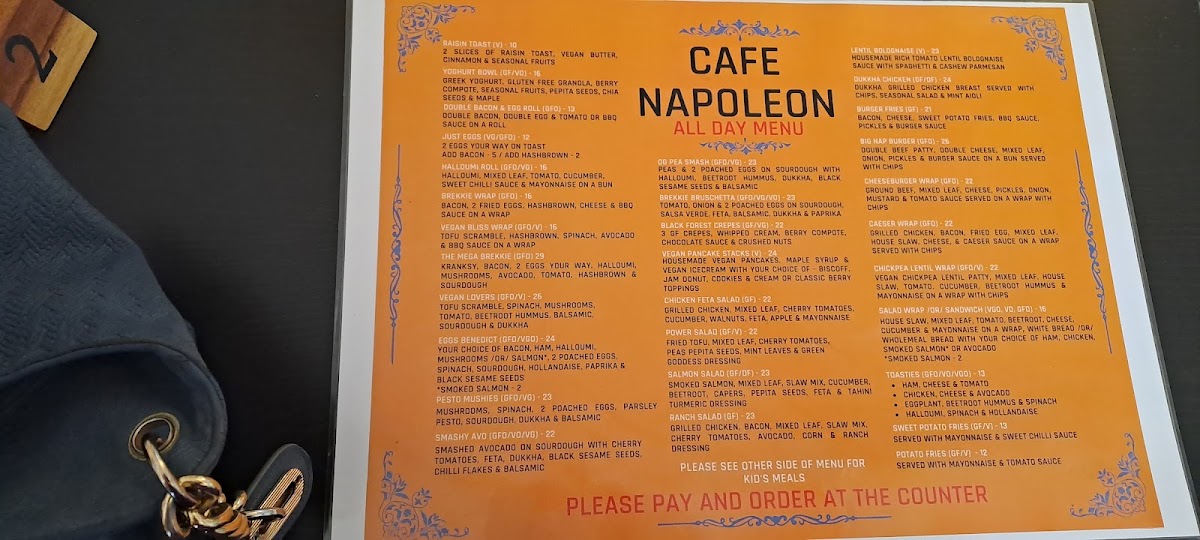 Cafe Napoleon menu board