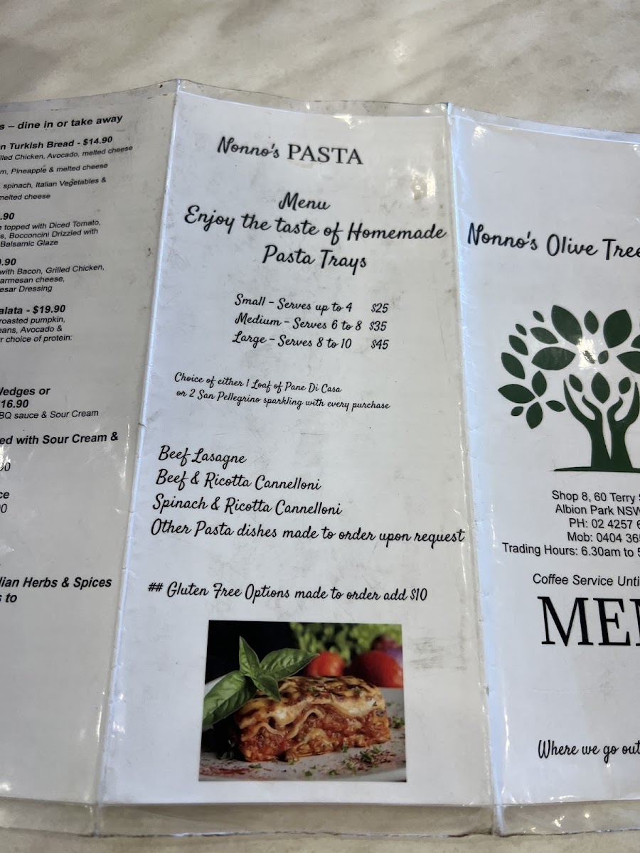 Nonno’s Olive Tree Cafe’ menu board