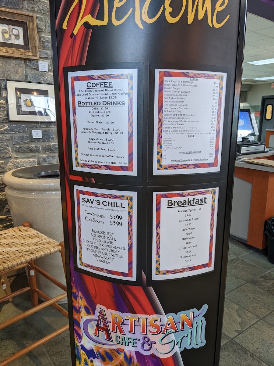 Artisan Cafe & Grill menu board