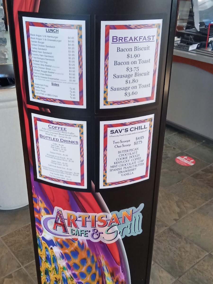 Artisan Cafe & Grill menu board