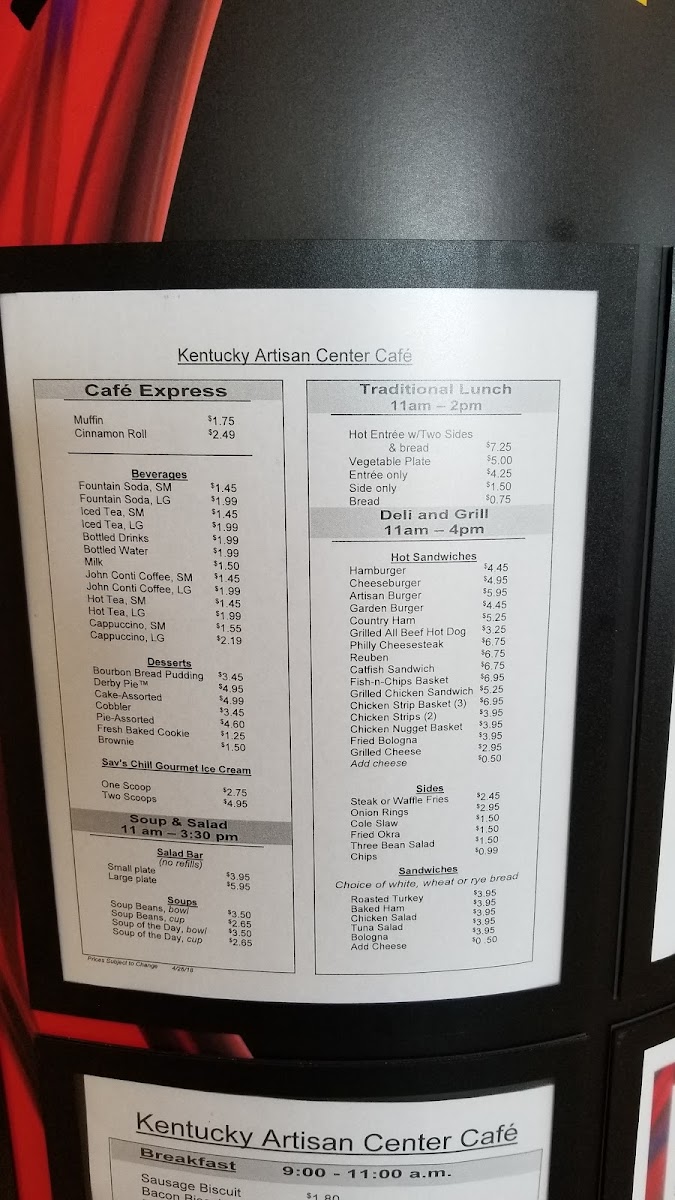 Artisan Cafe & Grill menu board