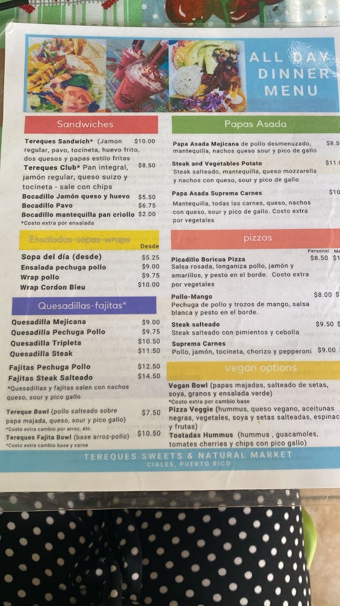 Tereques Sweets & Natural Market menu board