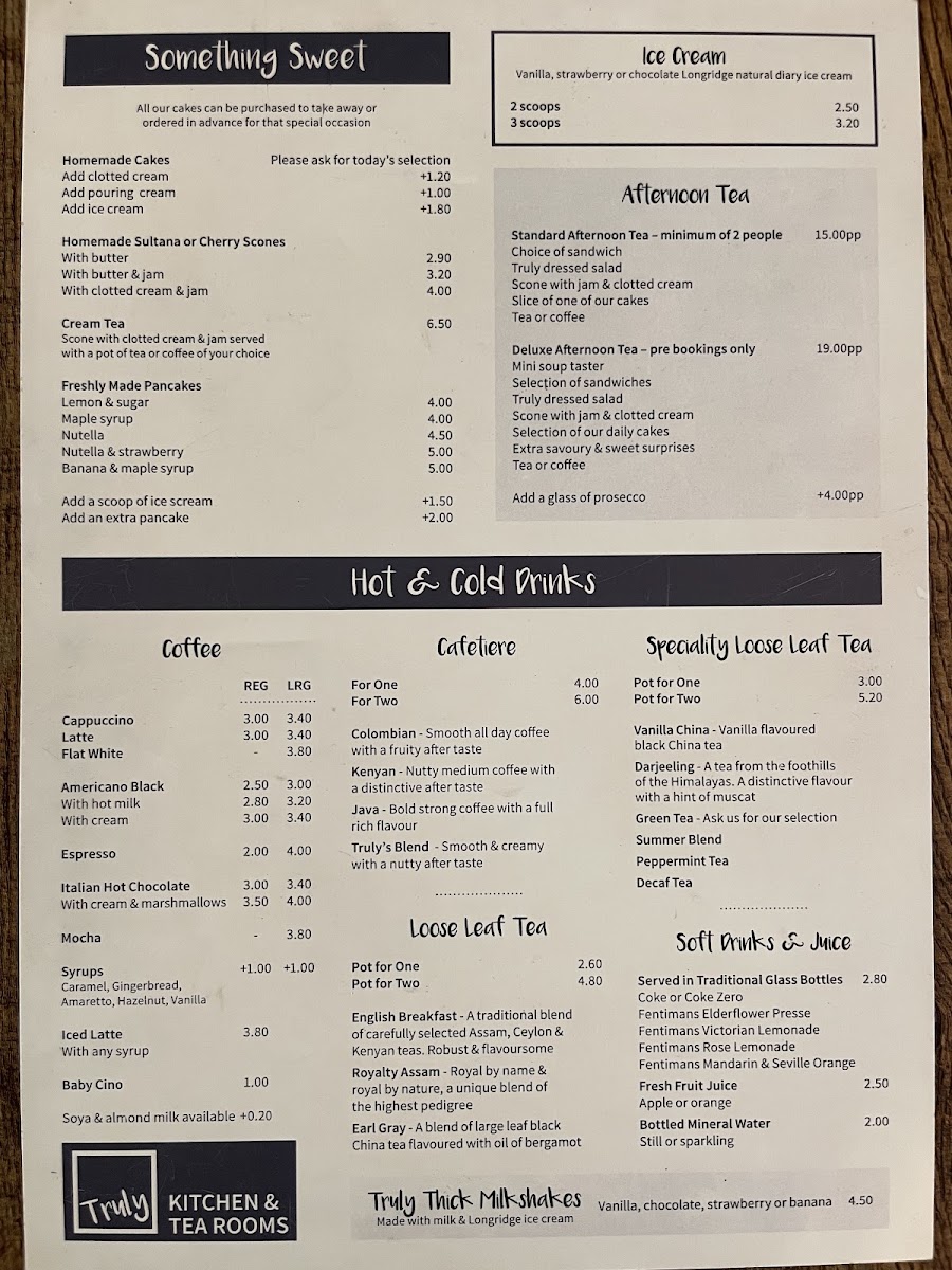 Truly Kitchen and Tea Room menu board