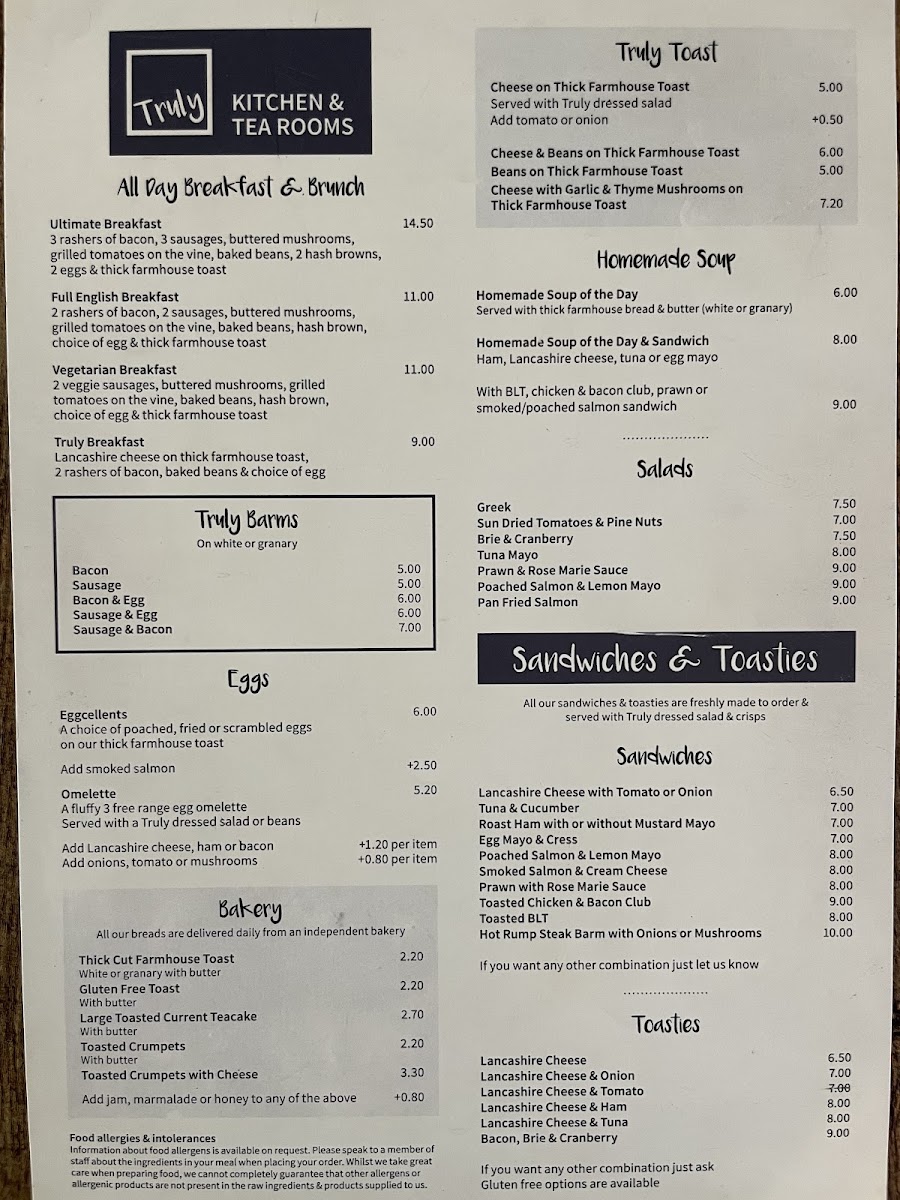 Truly Kitchen and Tea Room menu board