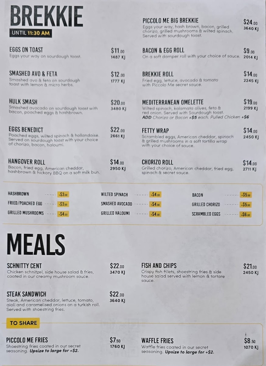 Piccolo Me Smeaton Grange menu board