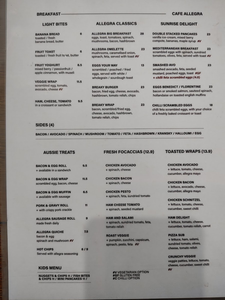 Allegra Cafe menu board
