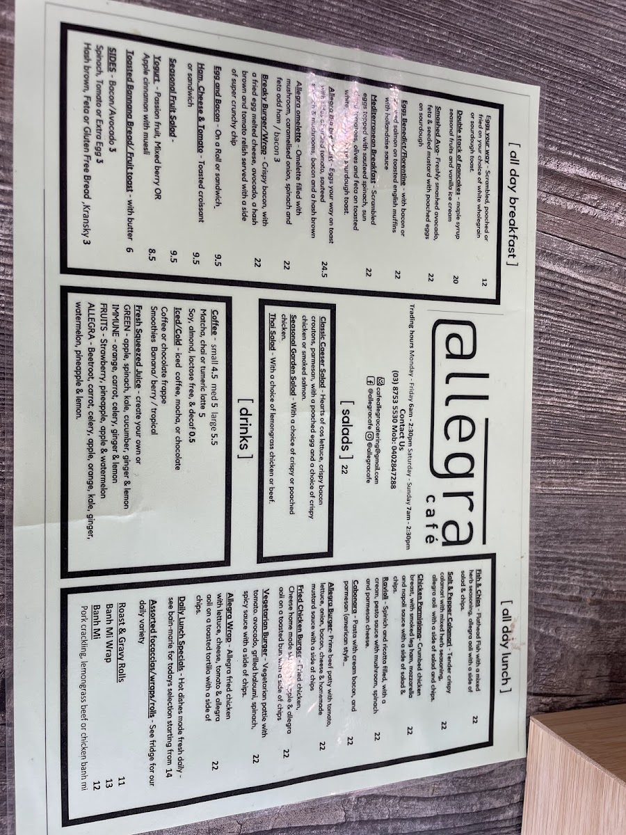 Allegra Cafe menu board