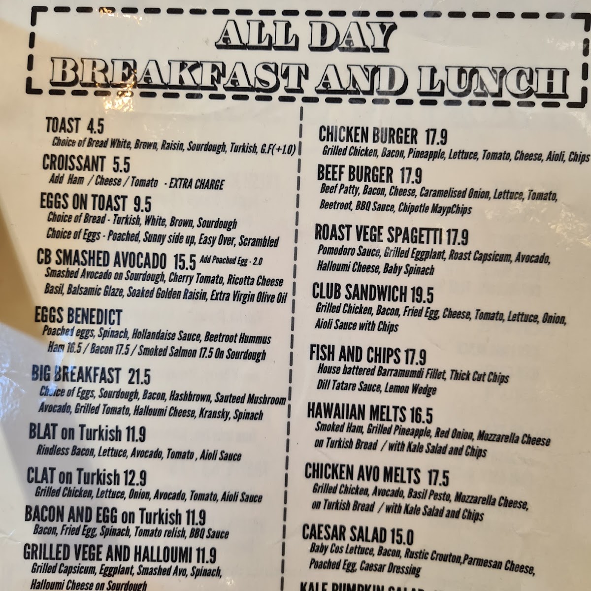 Caffe Cherry Beans Northland menu board