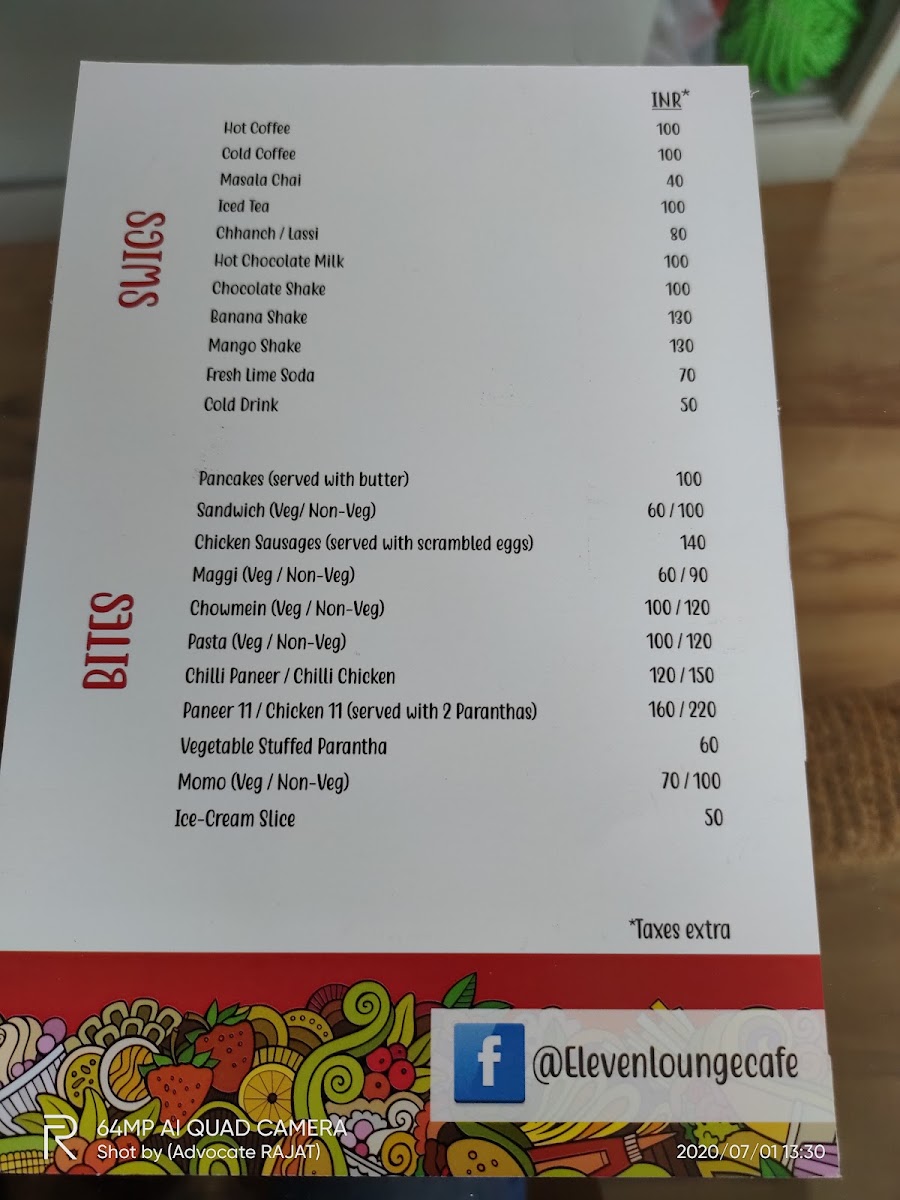 Eleven Lounge Cafe menu board
