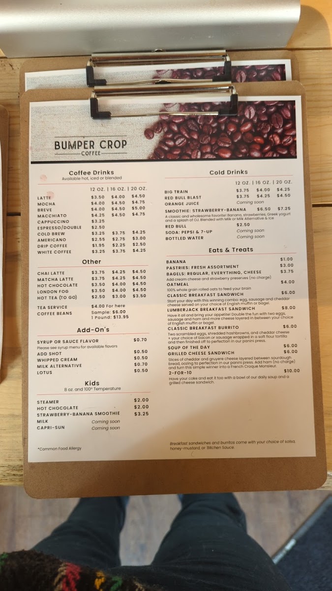 Bumper Crop Coffee menu board