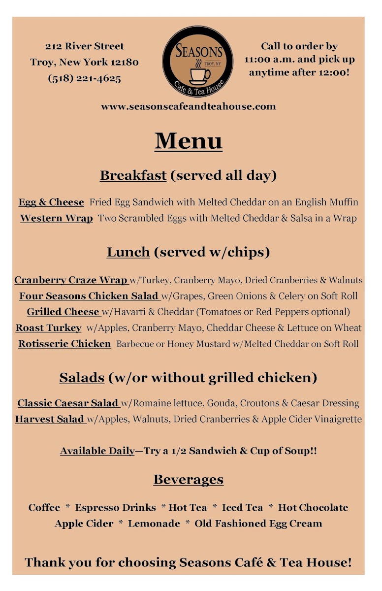 Seasons Cafe & Tea House menu board