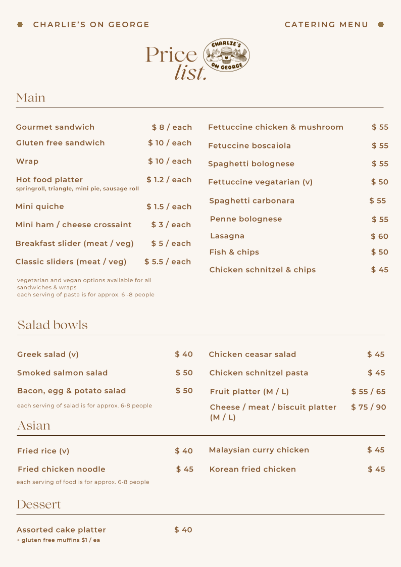 Charlie's On George Burwood menu board