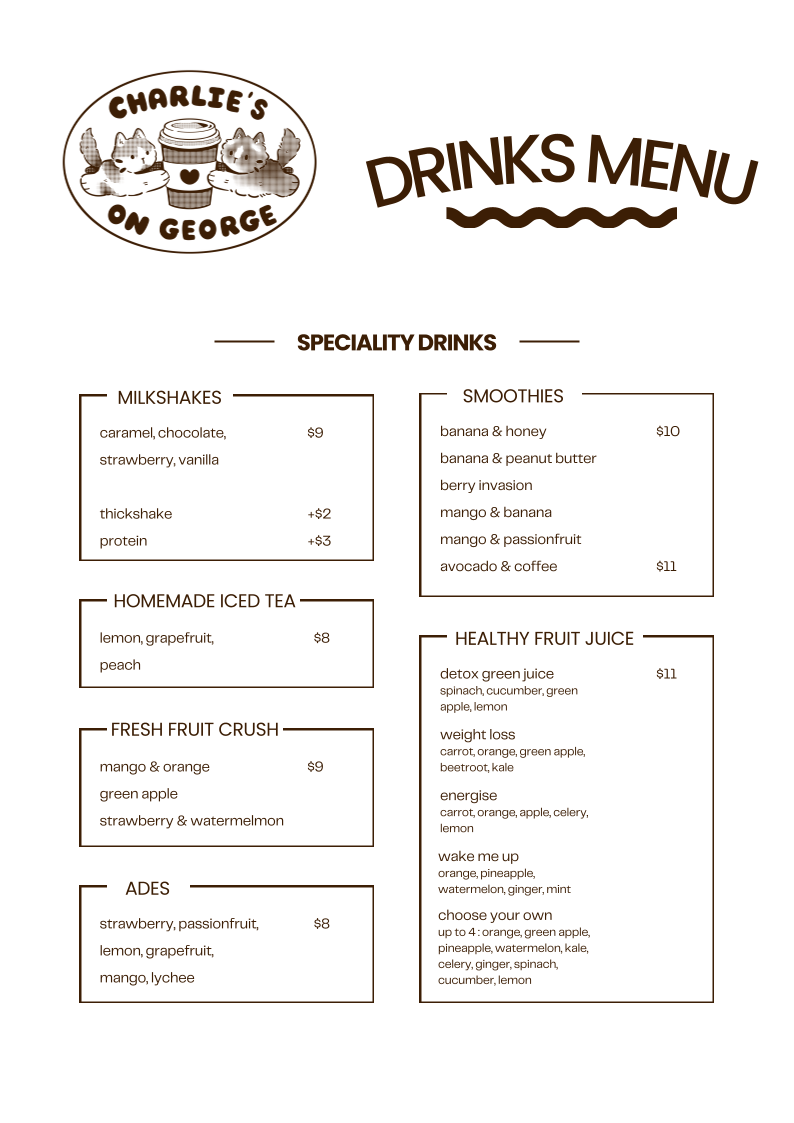 Charlie's On George Burwood menu board