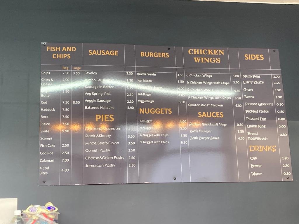 Rose Fish Bar menu board