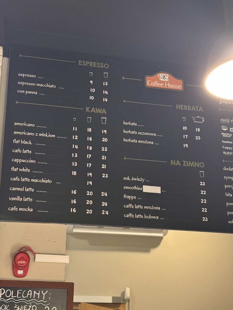 AE Coffee House - kawiarnia na dworcu PKP w Lublin Główny menu board