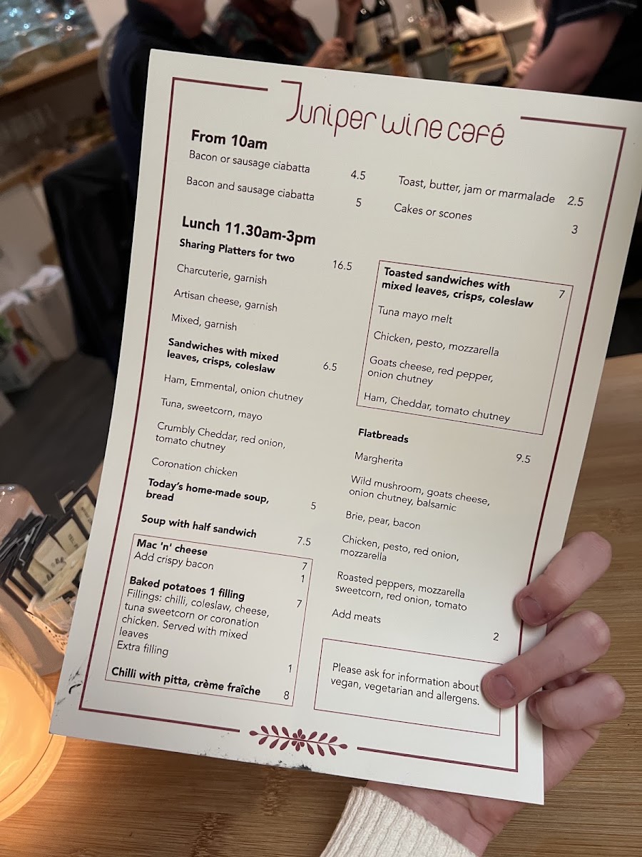 Juniper Wine Café and Drink Store menu board
