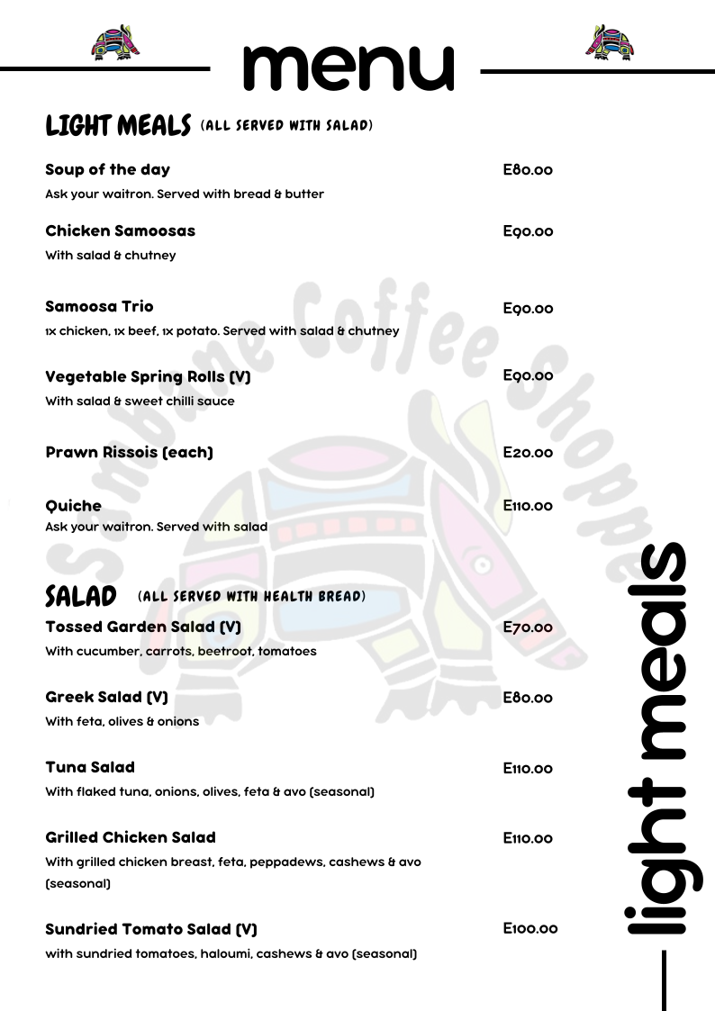Sambane Coffee Shoppe menu board