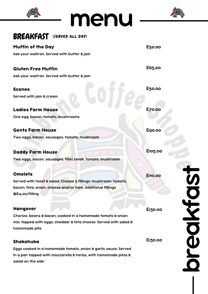 Sambane Coffee Shoppe menu board