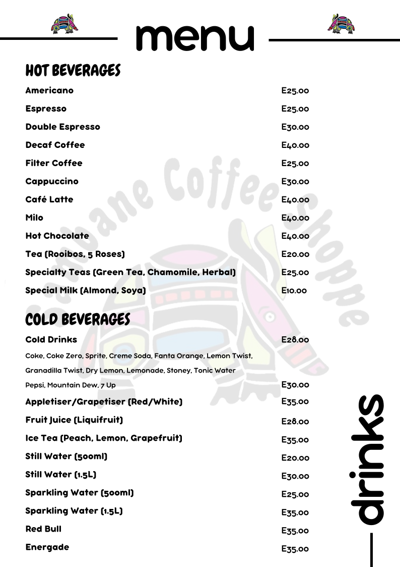 Sambane Coffee Shoppe menu board