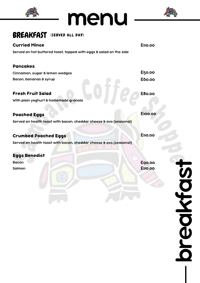 Sambane Coffee Shoppe menu board