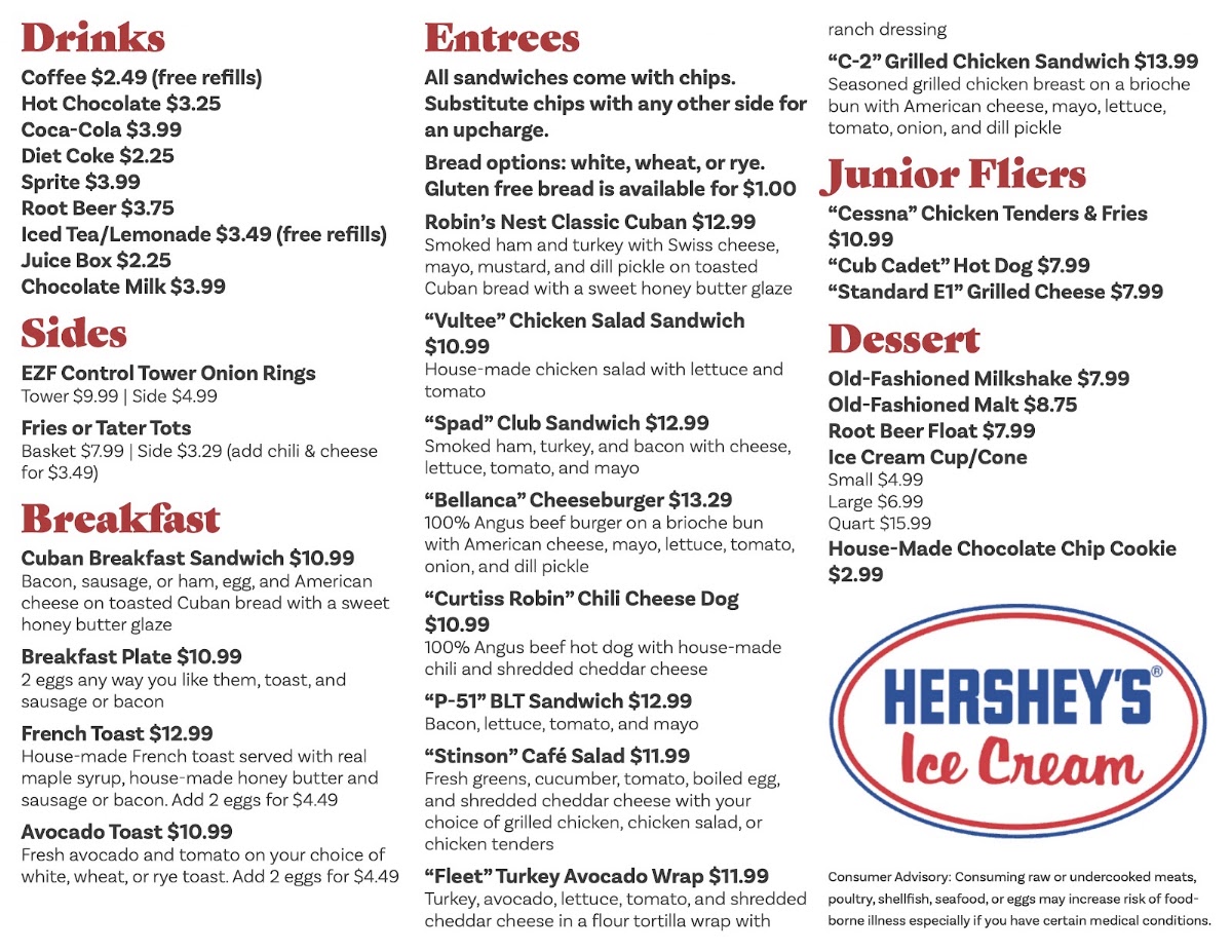 Robin's Nest Cafe at KEZF menu board