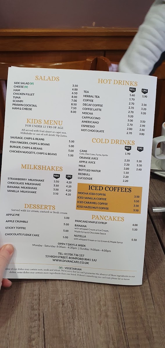 Divan Cafe Romford menu board