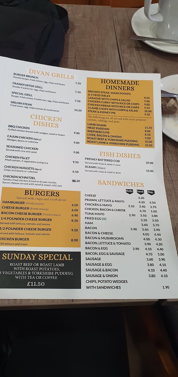Divan Cafe Romford menu board