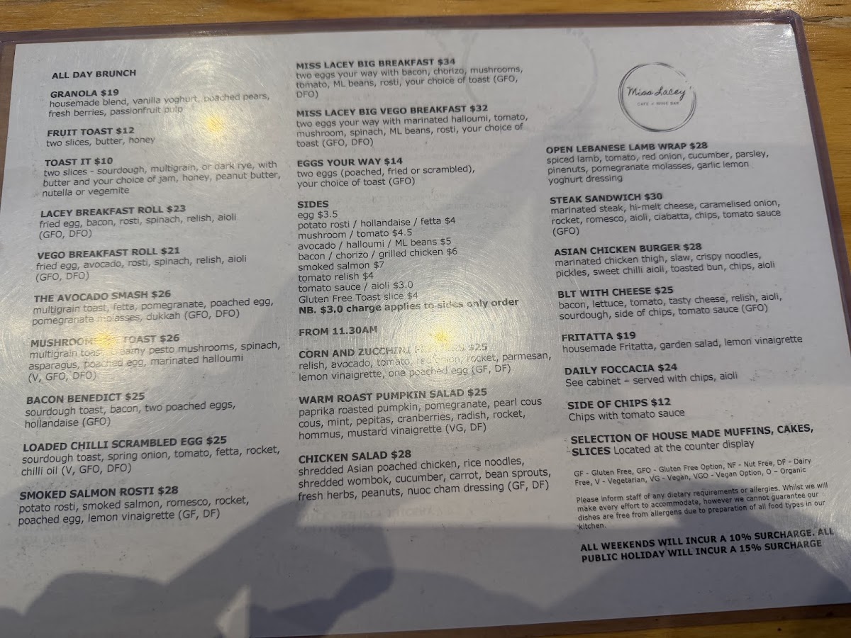 Miss Lacey Cafe and Wine Bar menu board