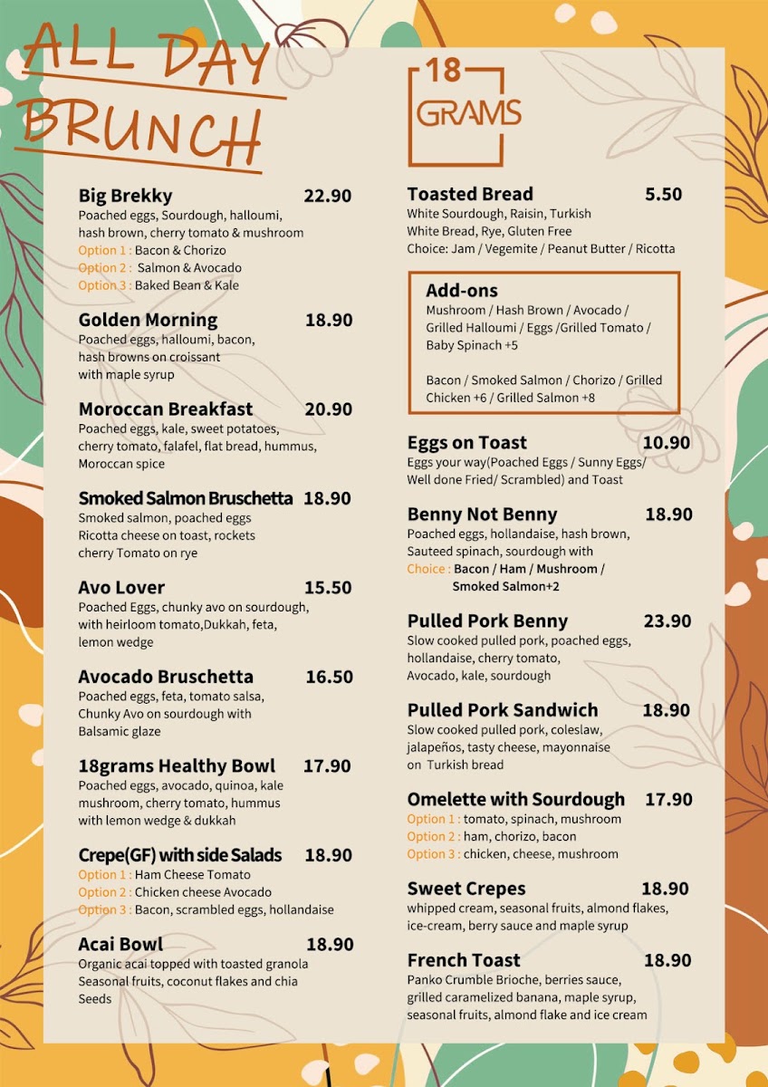 18 Grams Kogarah menu board