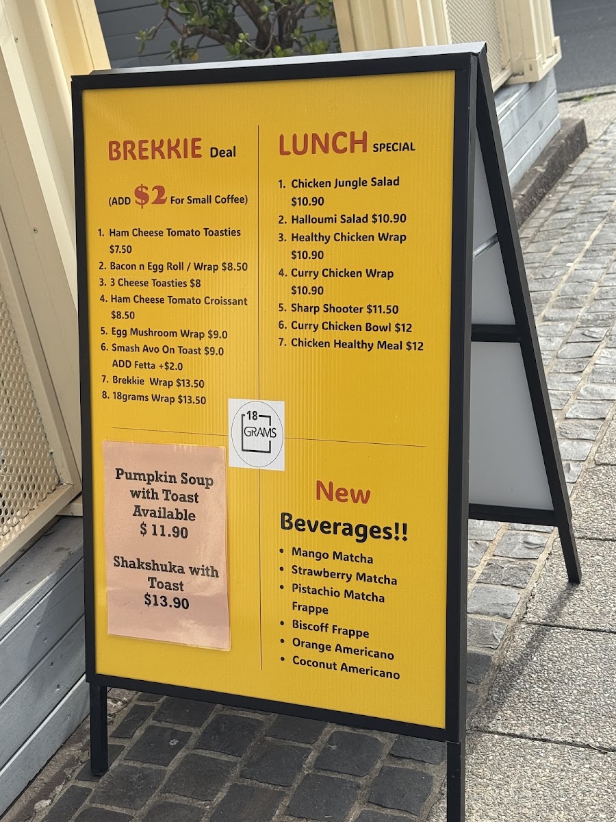 18 Grams Kogarah menu board