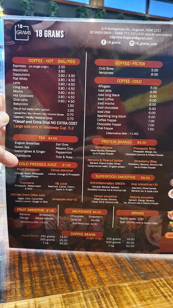 18 Grams Kogarah menu board
