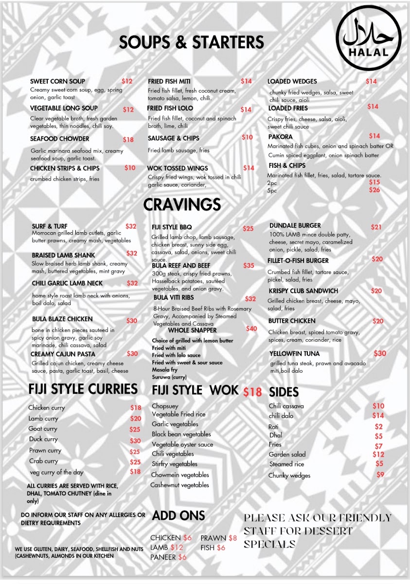Dundale's Fusion Fijian Cafe & Eatery menu board