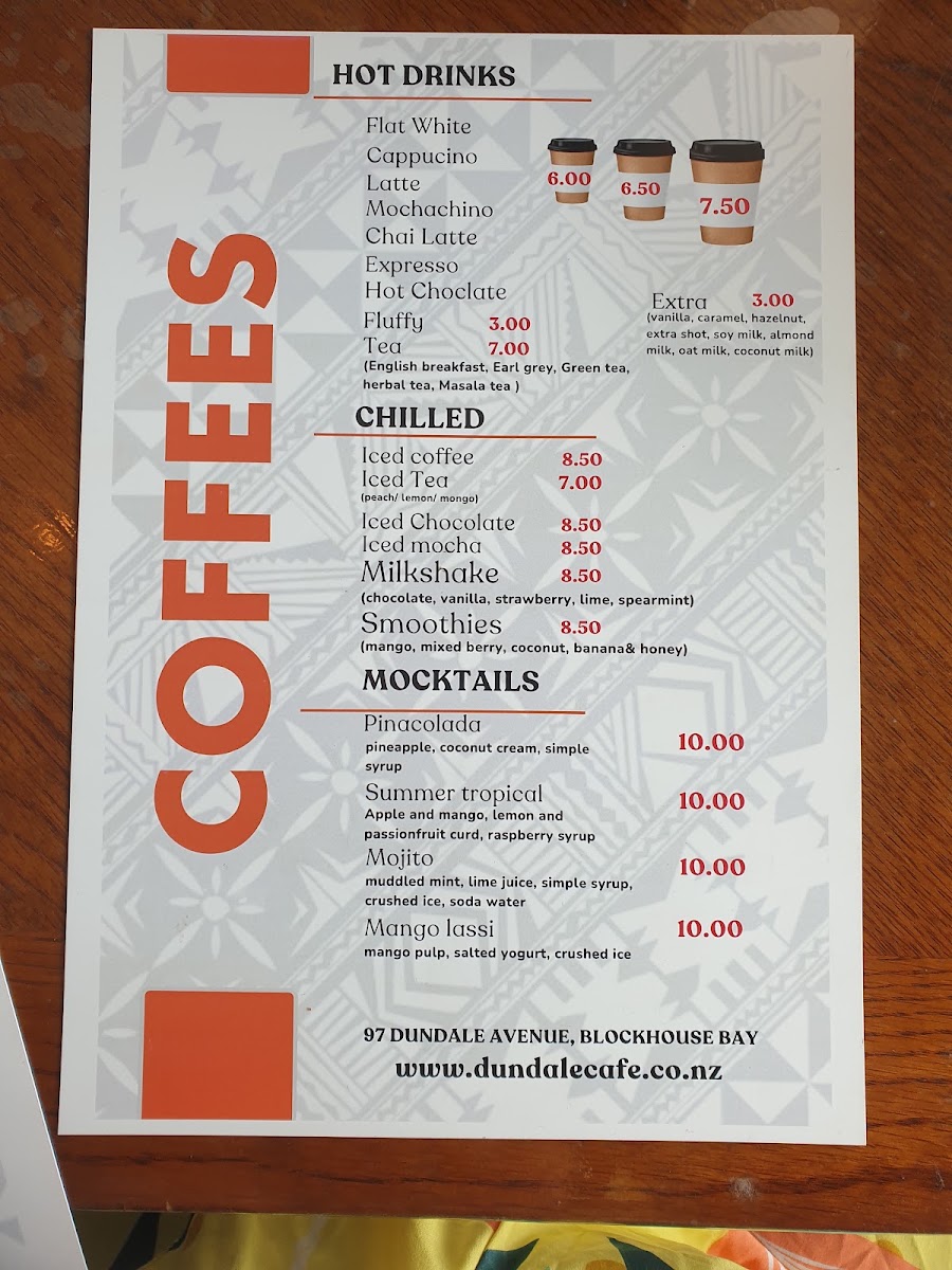 Dundale's Fusion Fijian Cafe & Eatery menu board