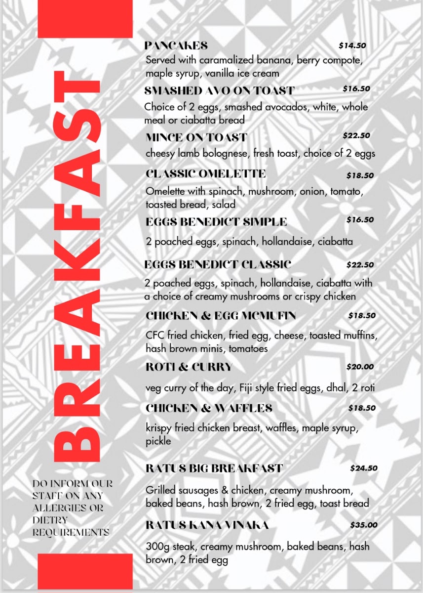 Dundale's Fusion Fijian Cafe & Eatery menu board