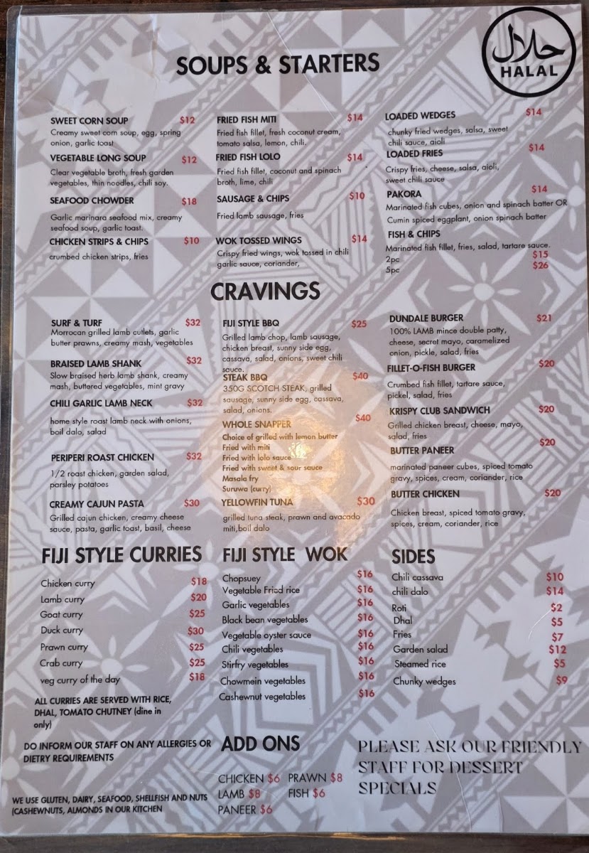Dundale's Fusion Fijian Cafe & Eatery menu board