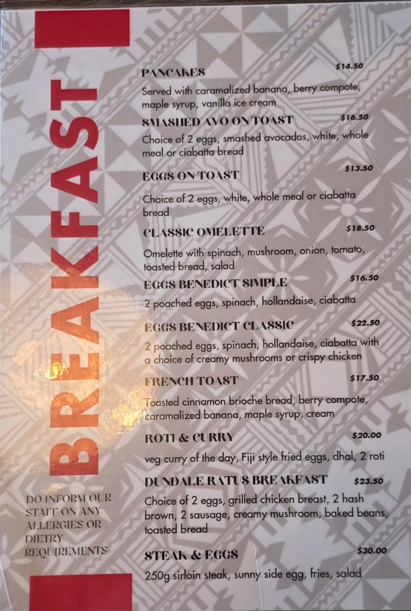 Dundale's Fusion Fijian Cafe & Eatery menu board