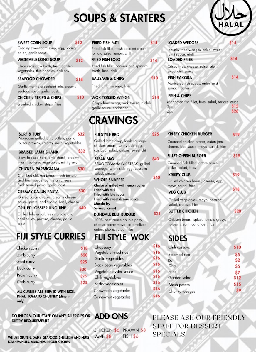 Dundale's Fusion Fijian Cafe & Eatery menu board