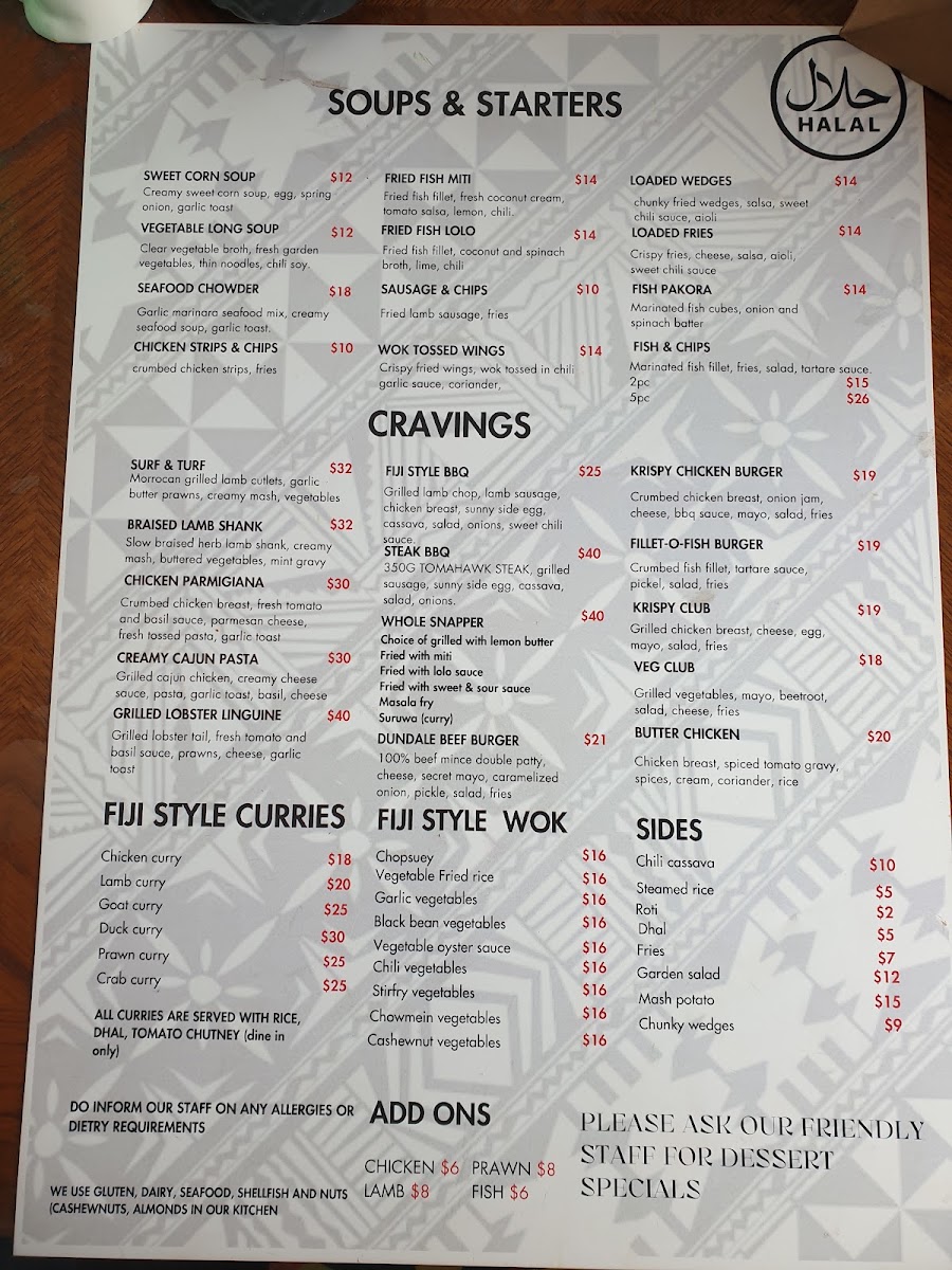 Dundale's Fusion Fijian Cafe & Eatery menu board