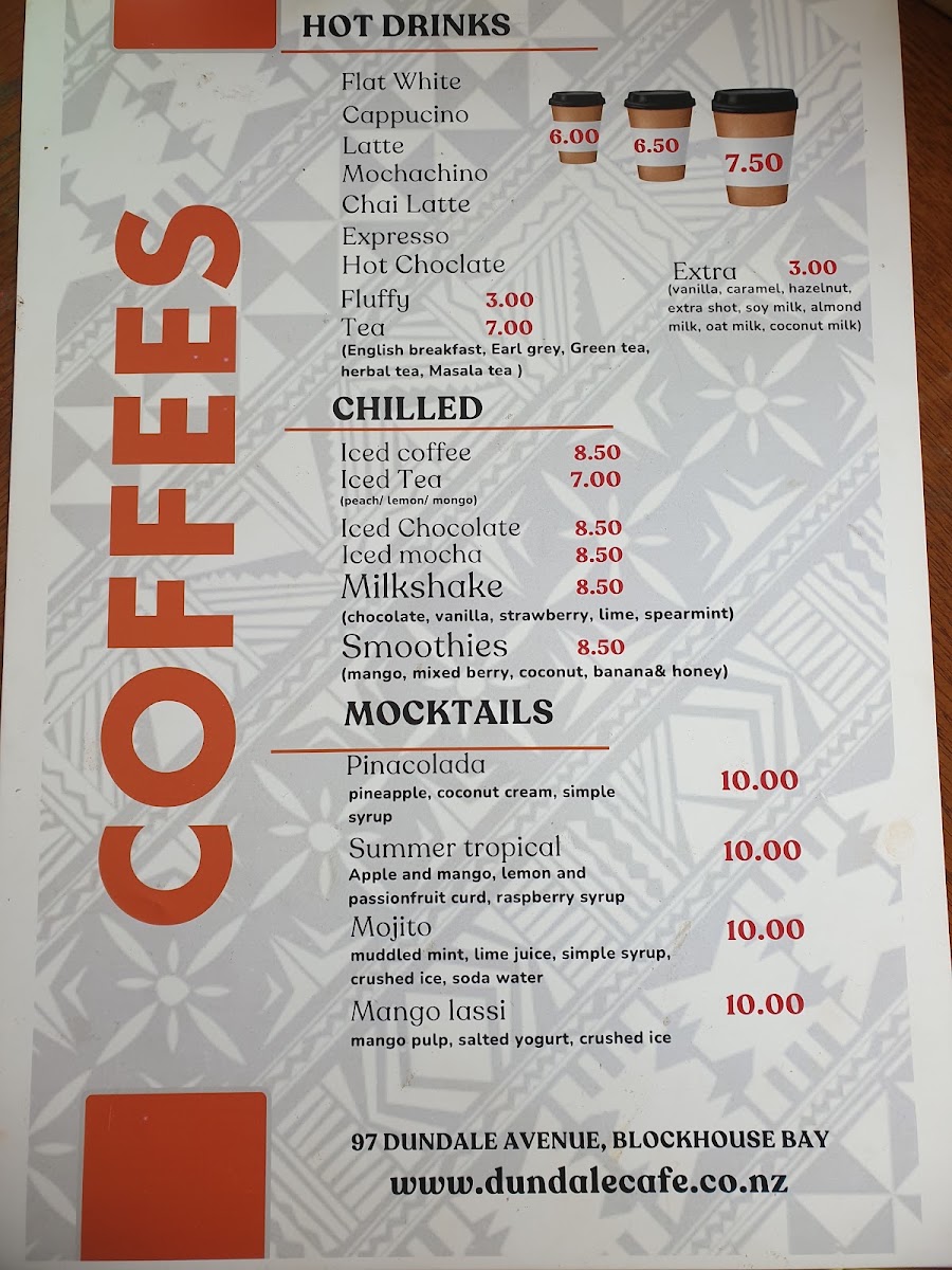 Dundale's Fusion Fijian Cafe & Eatery menu board