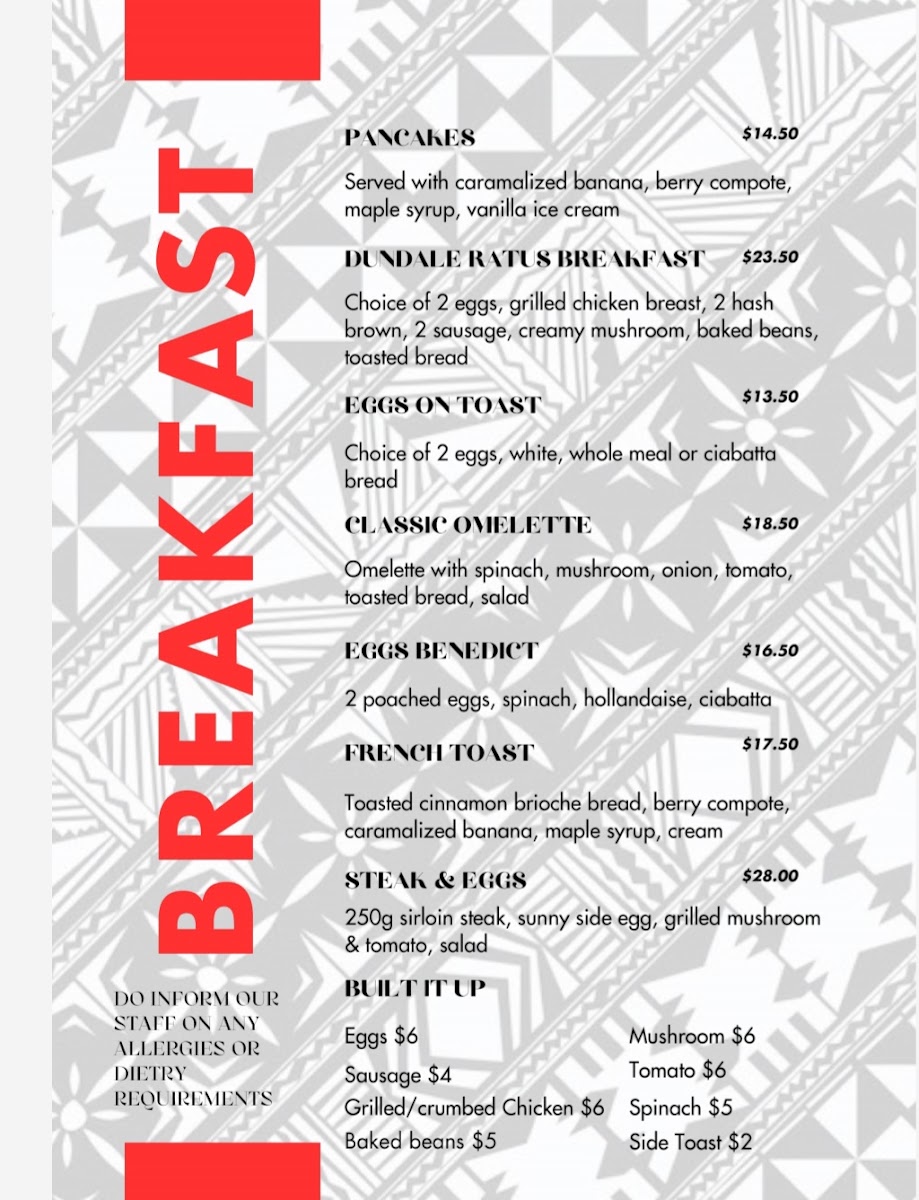 Dundale's Fusion Fijian Cafe & Eatery menu board