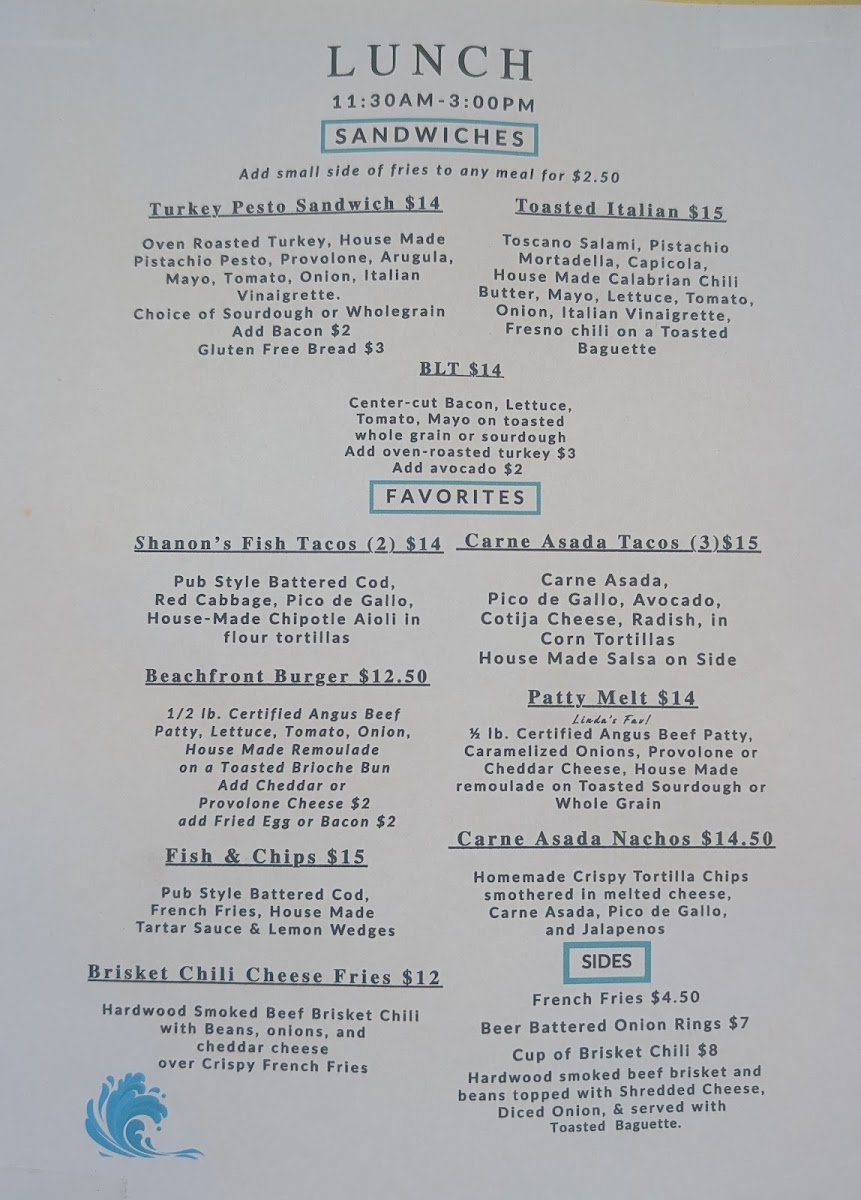 Peirano's Beachfront Cafe menu board