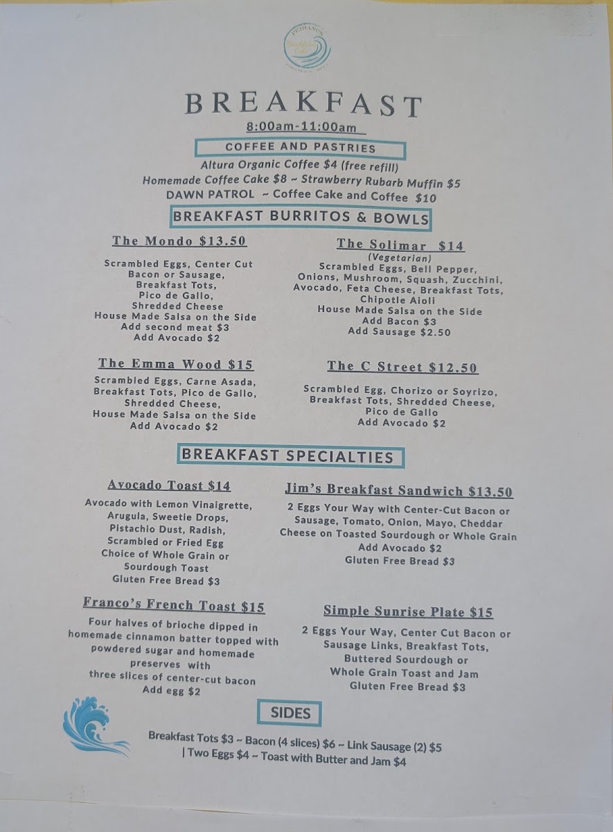 Peirano's Beachfront Cafe menu board