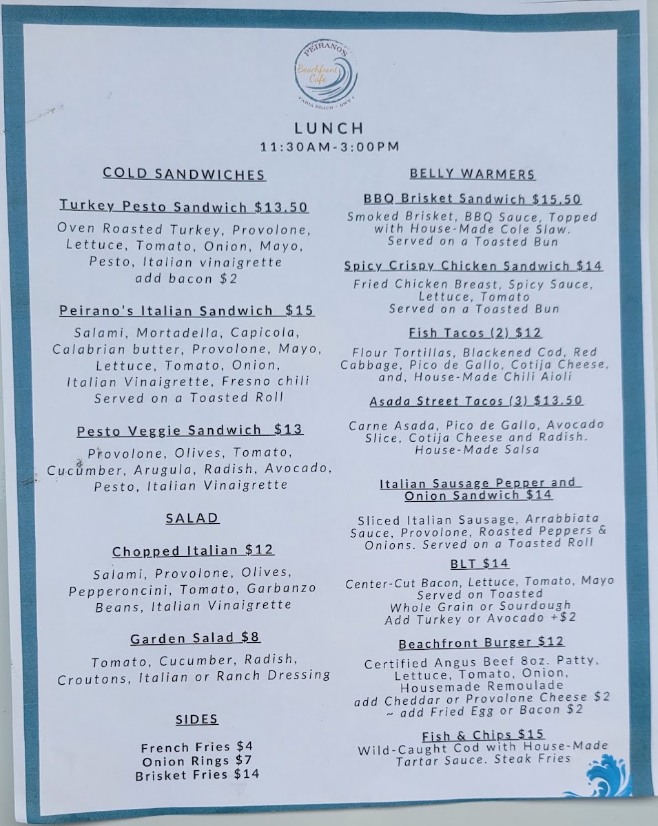 Peirano's Beachfront Cafe menu board