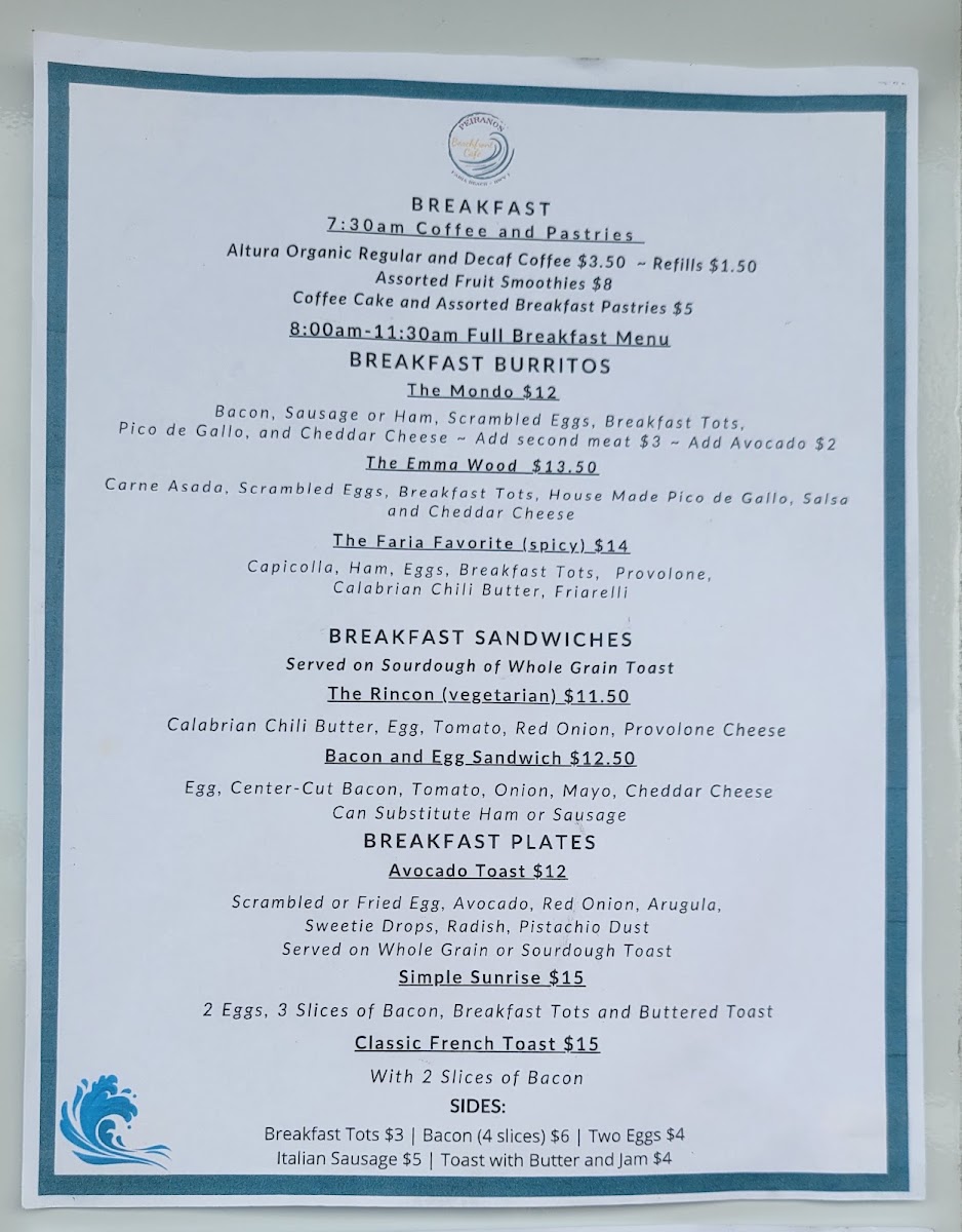 Peirano's Beachfront Cafe menu board