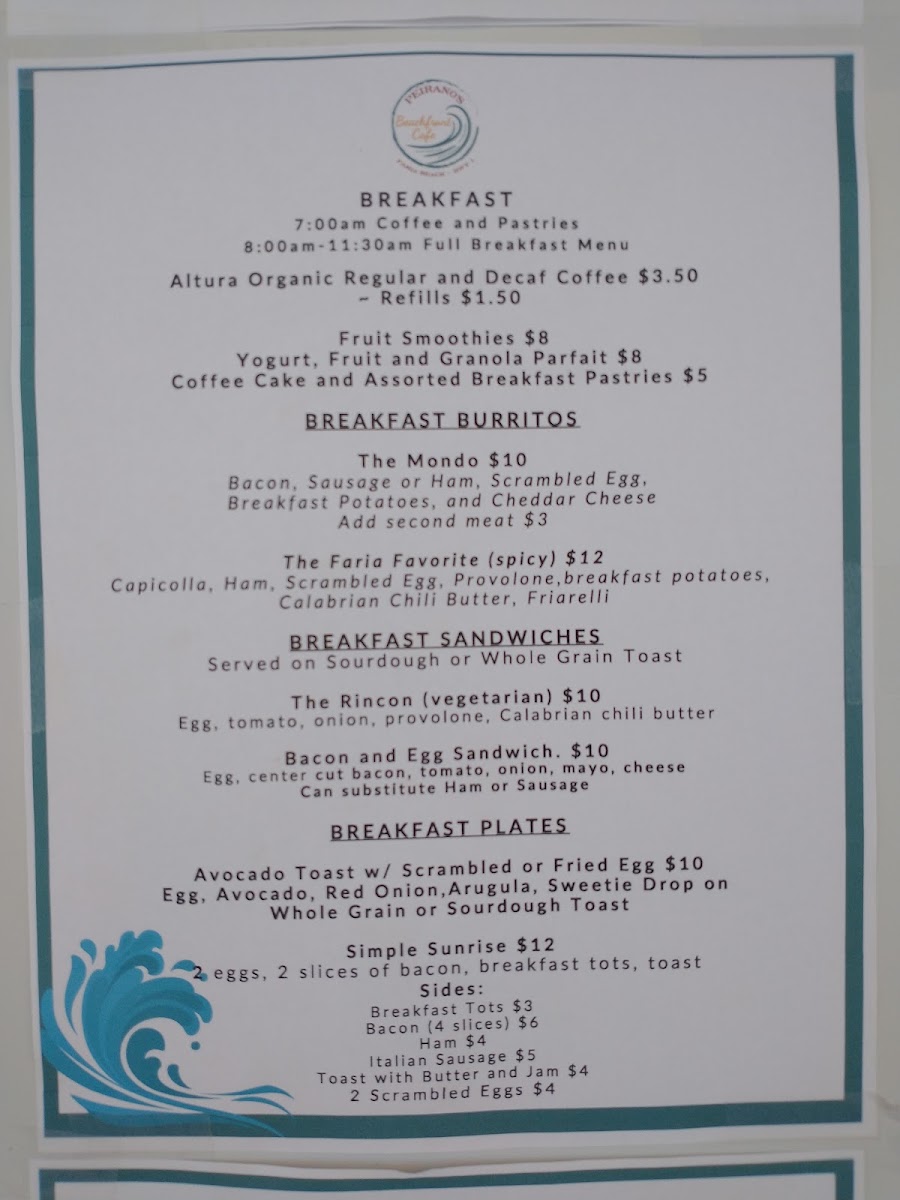 Peirano's Beachfront Cafe menu board