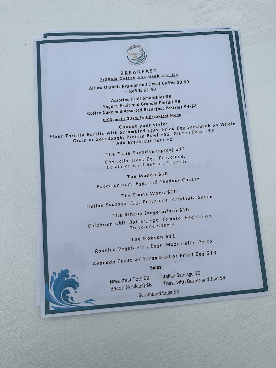 Peirano's Beachfront Cafe menu board