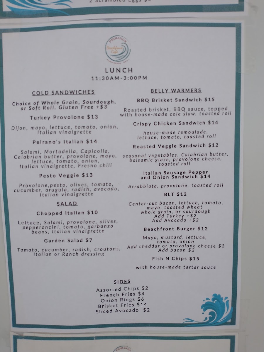 Peirano's Beachfront Cafe menu board