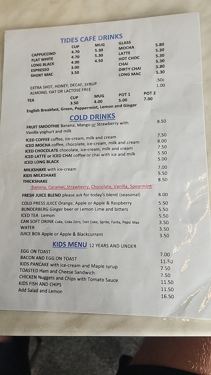 Tides Cafe menu board