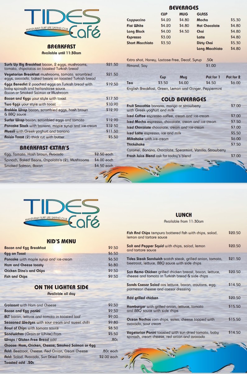 Tides Cafe menu board